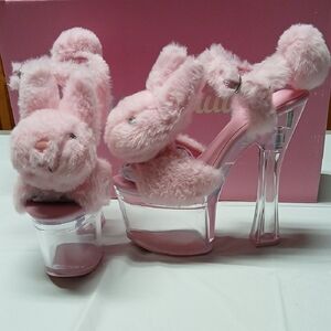 Dolls Kill Sugar Thrillz Pink Fur Plush Bunny & Clear Acrylic Platform Heels 7